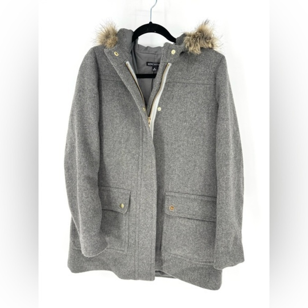 J. Crew Mercantile wool blend hooded w/faux fur trim Gray Pea Coat size 8